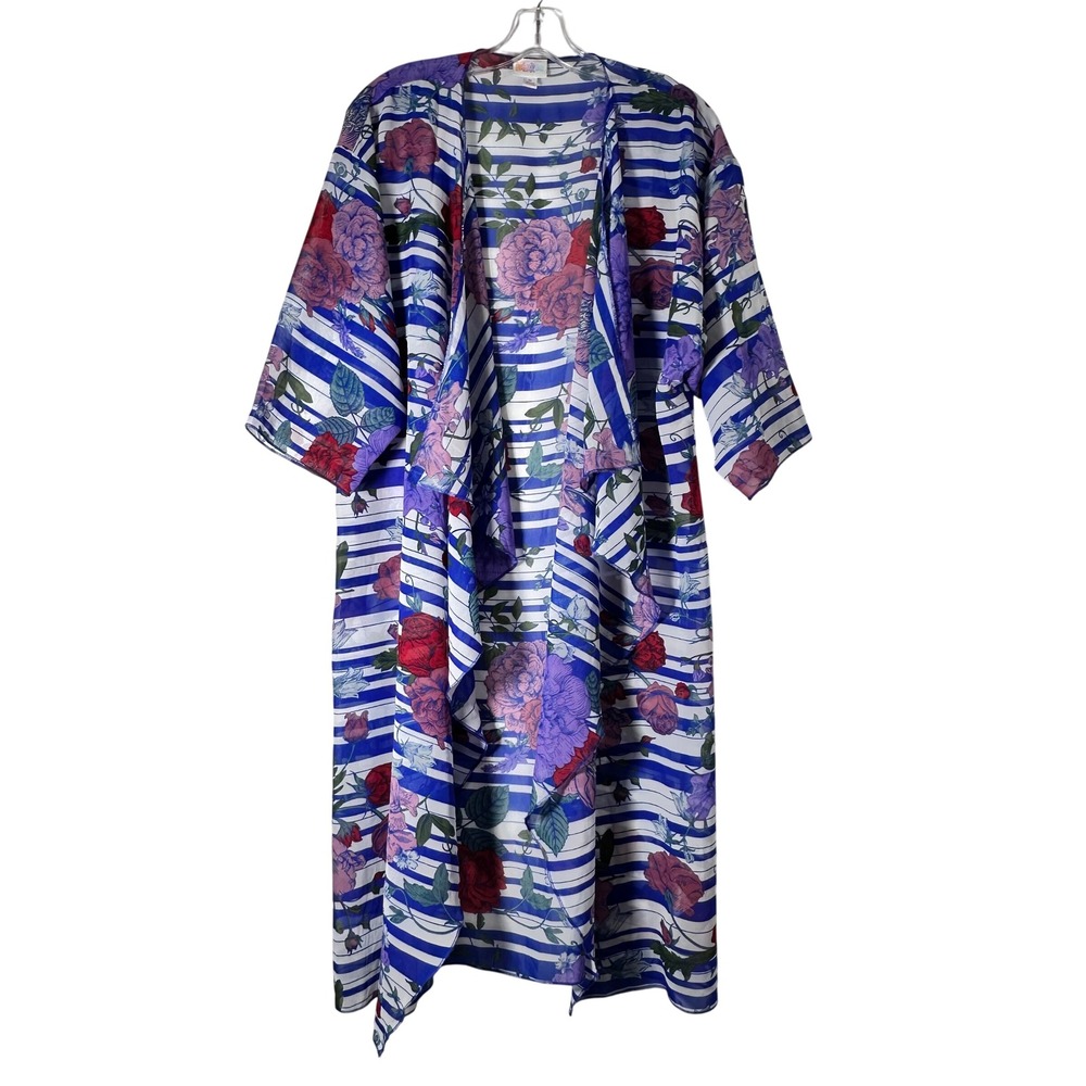 LuLaRoe Shirley Kimono‎ Duster Cardigan Womens Medium Floral Stripe Blue White M